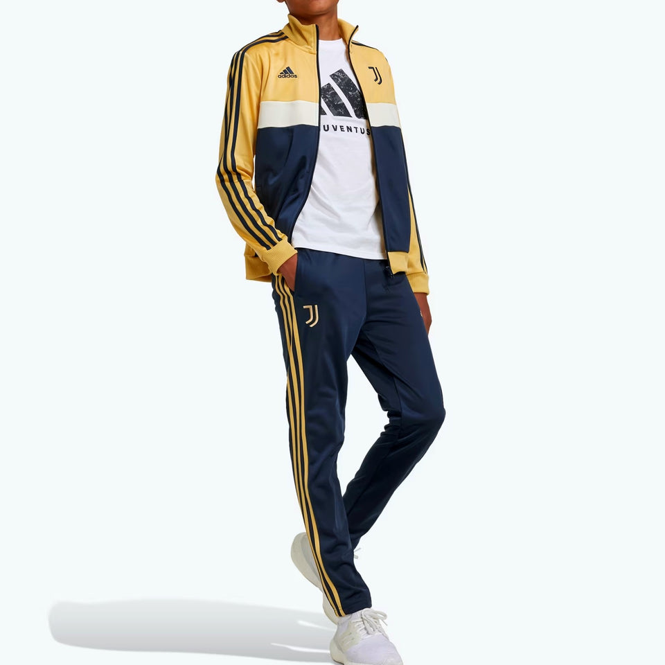 Kids Juventus tracksuit 2024 in yellow and navy with Adidas stripes and Juventus logo