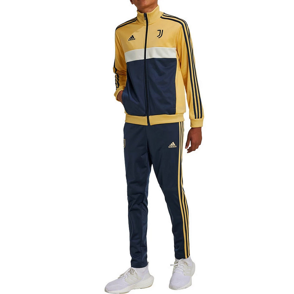 Kids Juventus tracksuit 2024 in yellow and navy with Adidas stripes and logo
