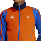 Kids Juventus tracksuit 2024 with orange and blue design featuring Juventus and Adidas logos