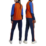 Back view of kids Juventus tracksuit 2024 in orange and blue with navy pants and sporty design