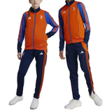 Kids Juventus tracksuit 2024 in orange and blue with Adidas logo and Juventus emblem