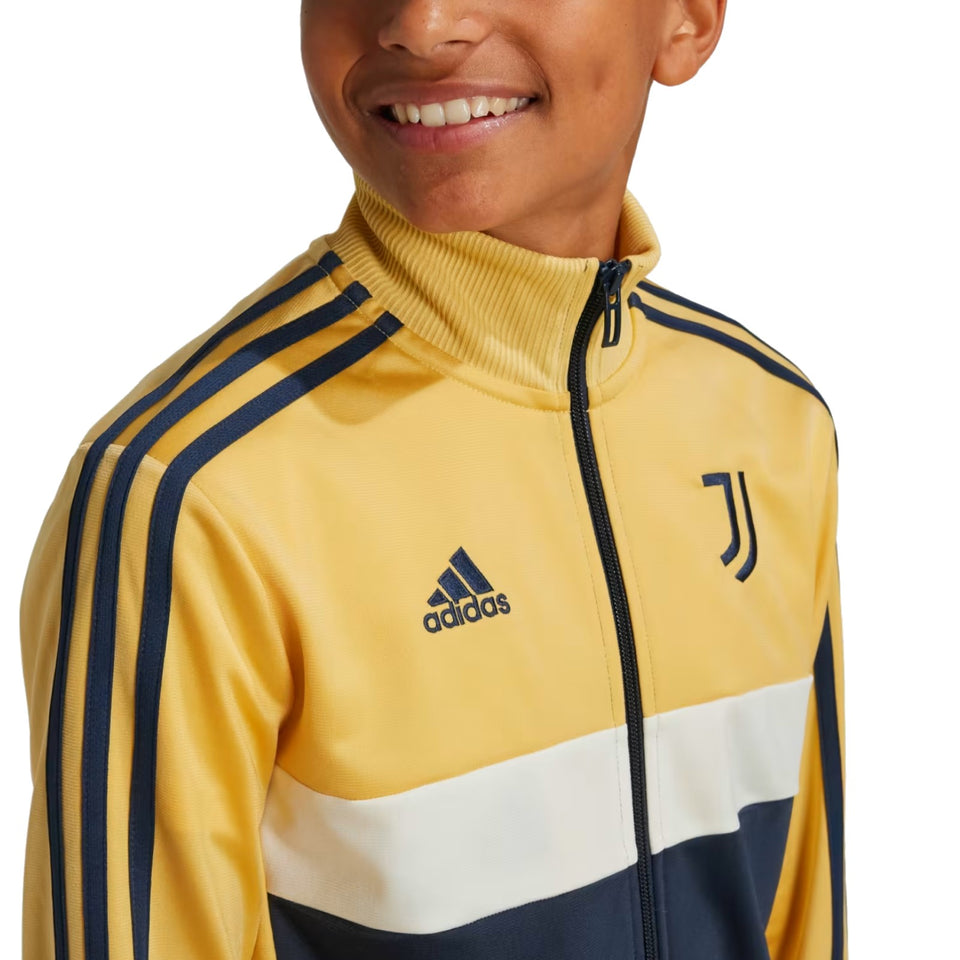 Kids Juventus tracksuit 2024 in yellow navy and white with Adidas logo and full front zipper