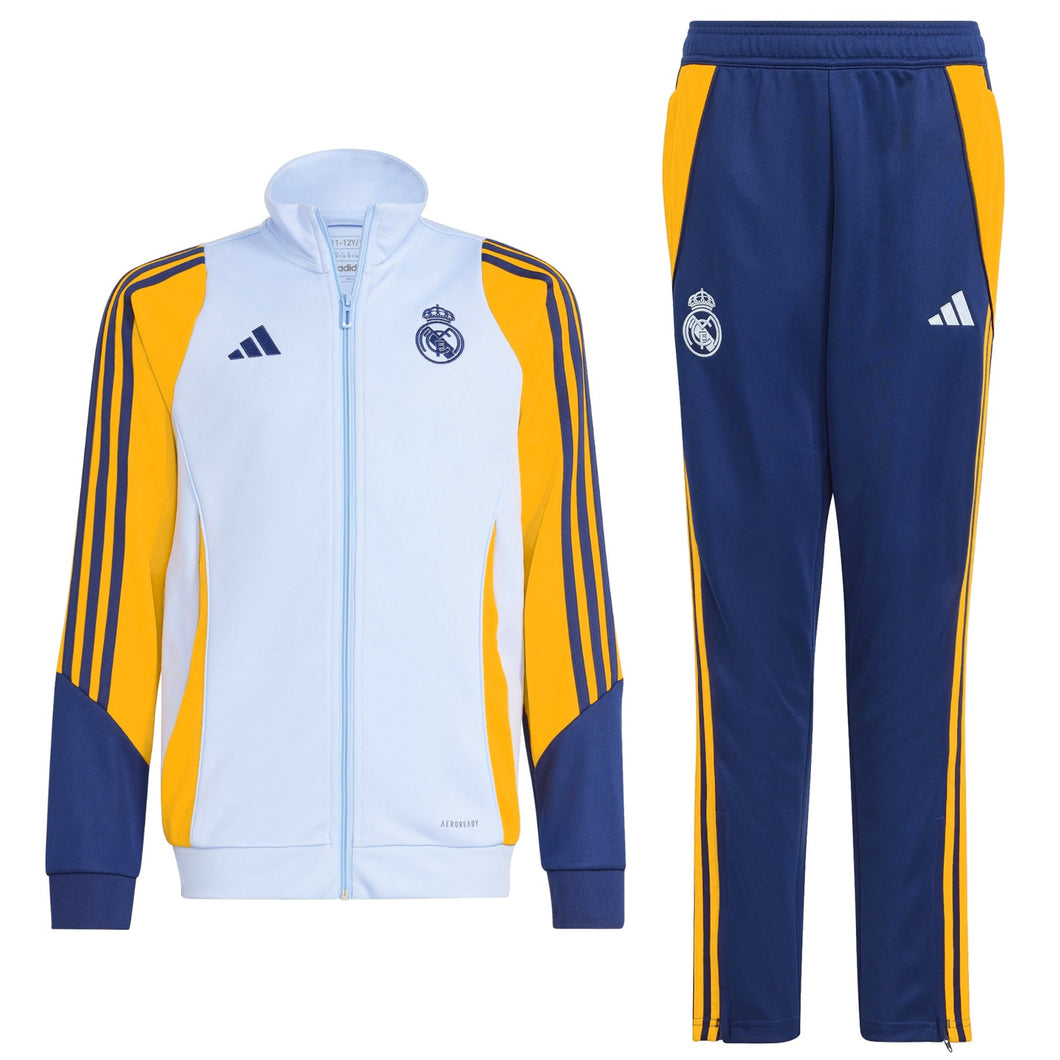 Kids Real Madrid tracksuit 2024 with light blue jacket and navy blue pants with yellow stripes