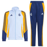 Kids Real Madrid tracksuit 2024 with light blue jacket and navy blue pants with yellow stripes