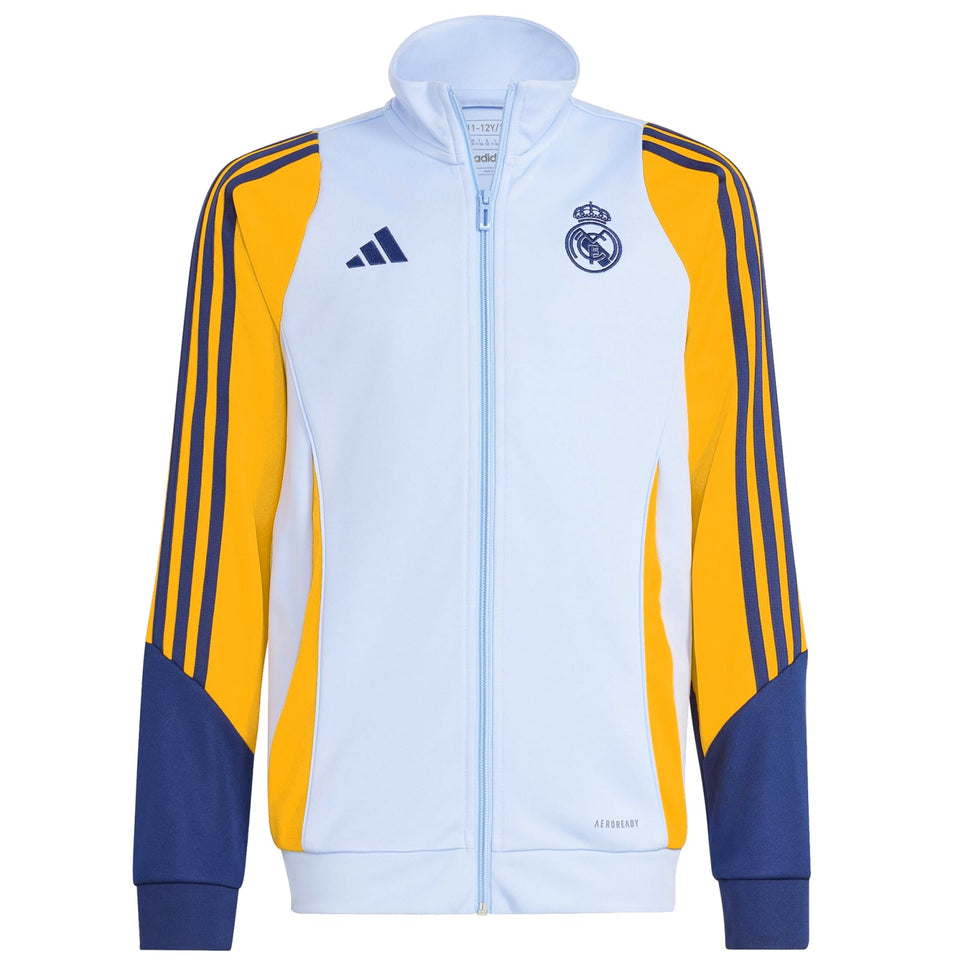 Kids Real Madrid tracksuit 2024 jacket in light blue with yellow and navy stripes on SoccerTracksuits.com