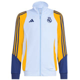 Kids Real Madrid tracksuit 2024 jacket in light blue with yellow and navy stripes on SoccerTracksuits.com
