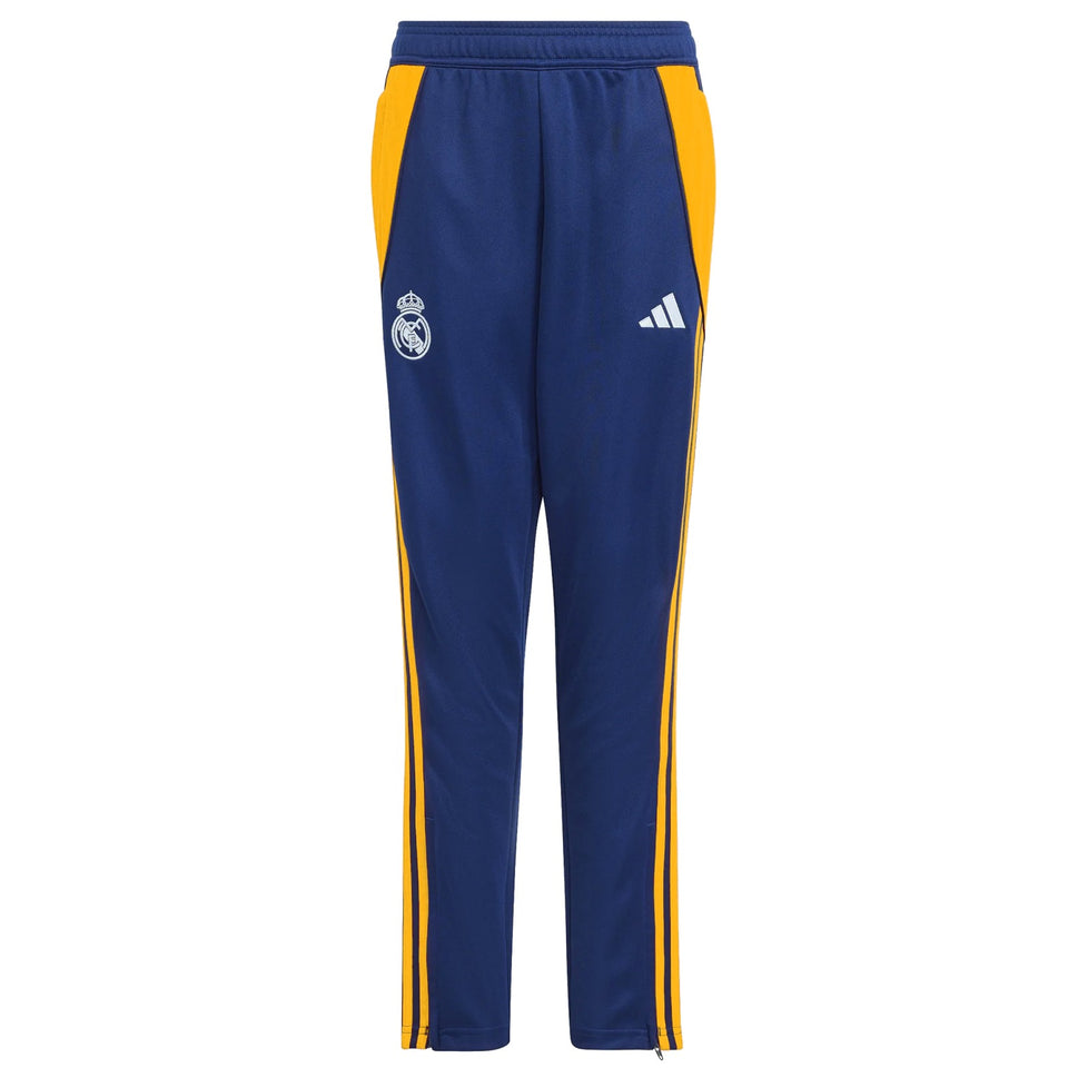 Kids Real Madrid tracksuit 2024 navy blue pants with yellow stripes and logos