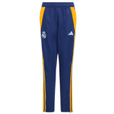 Kids Real Madrid tracksuit 2024 navy blue pants with yellow stripes and logos