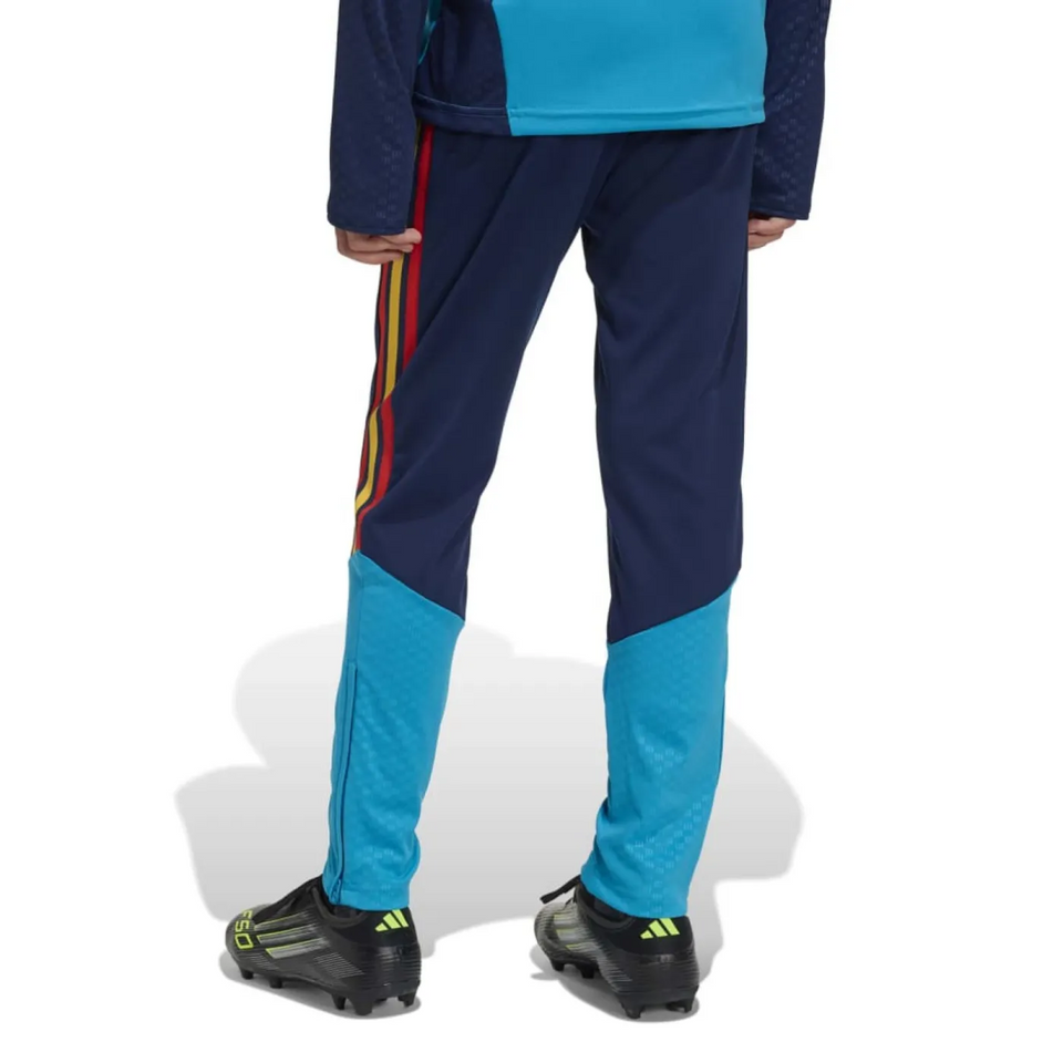Back view of kids Spain soccer tracksuit Adidas 2026 WC with blue and navy pants and vibrant detailing