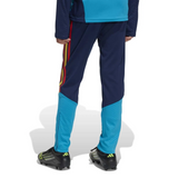 Back view of kids Spain soccer tracksuit Adidas 2026 WC with blue and navy pants and vibrant detailing