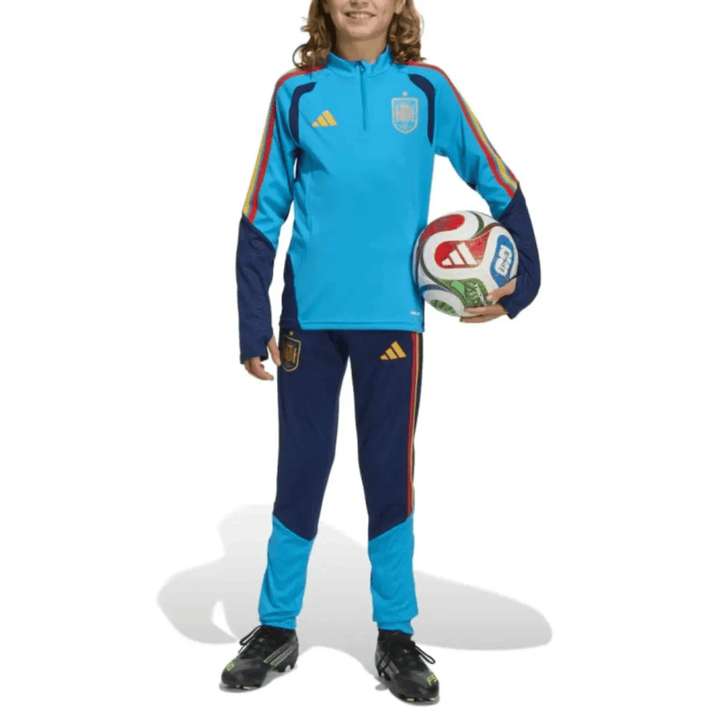 Kids Adidas Spain training technical soccer tracksuit in blue with matching pants and top, perfect for young athletes.