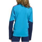 Back view of a kids Spain soccer tracksuit Adidas 2026 WC in vibrant blue with contrasting sleeves