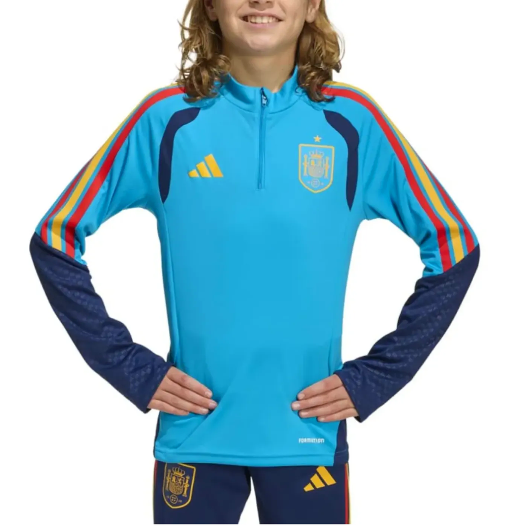 Kids Spain soccer tracksuit Adidas 2026 WC in blue with vibrant red and yellow stripes