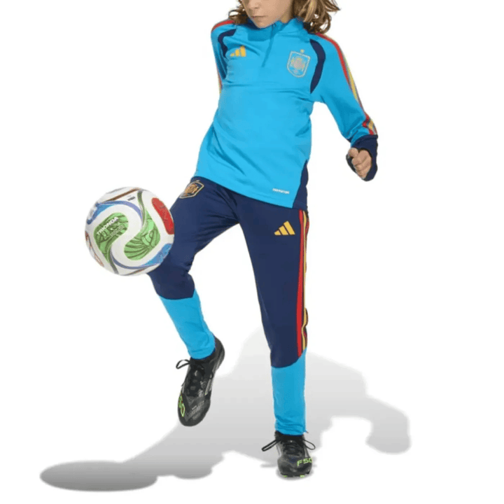 Kids Adidas Spain training technical soccer tracksuit in blue with red and yellow stripes for active play