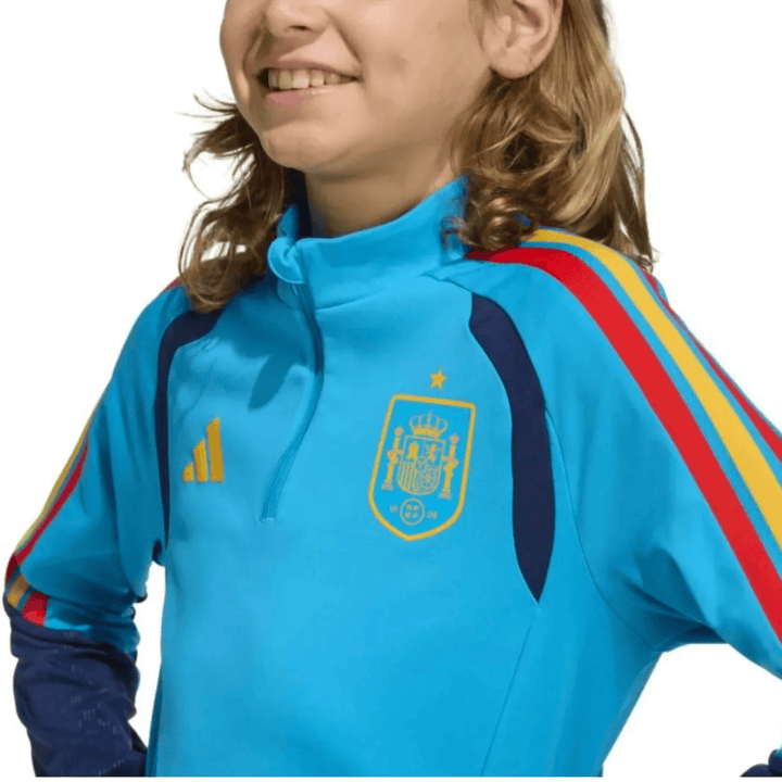 Kids Adidas Spain 2026/27 training technical soccer tracksuit in blue with red and yellow stripes for ages 7-16