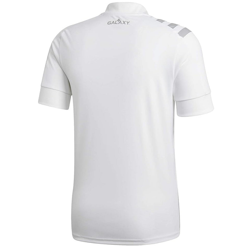 Back view of white LA Galaxy home jersey 2021 with short sleeves shoulder chevrons and collar branding