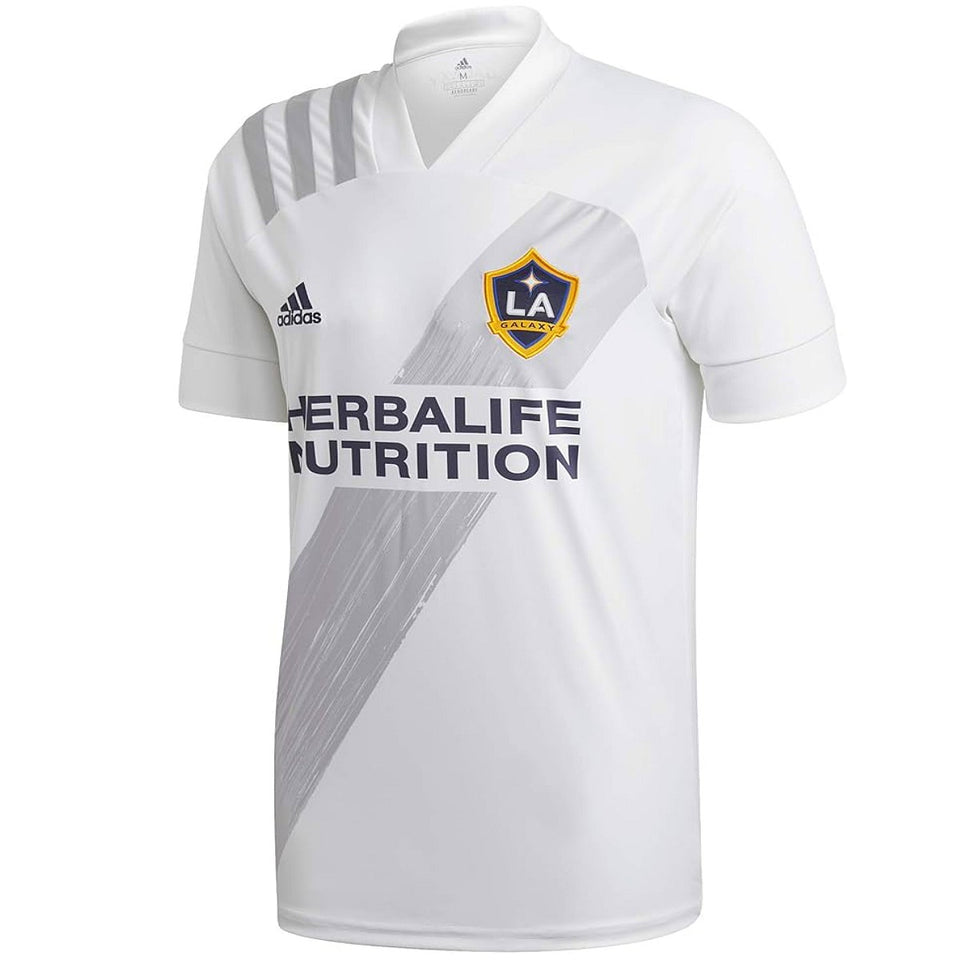 White LA Galaxy home jersey 2021 with gray diagonal sash Adidas logo and Herbalife Nutrition sponsor