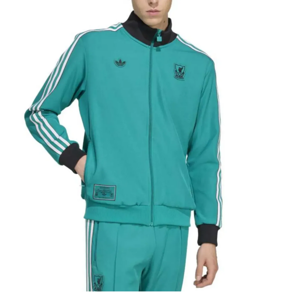 Liverpool Adidas Originals presentation tracksuit in turquoise with classic stripes on SoccerTracksuits.com