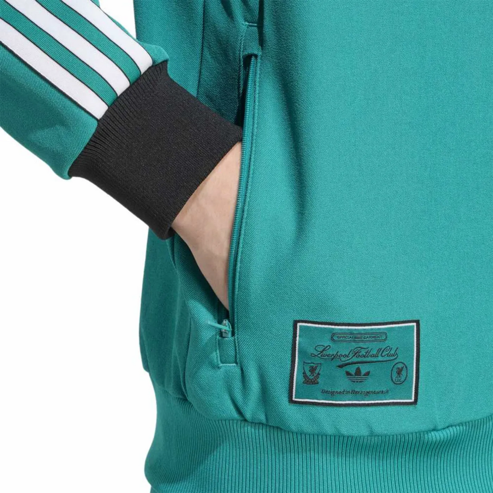 Close-up of Liverpool Adidas Originals presentation tracksuit showcasing detail and zipper pocket