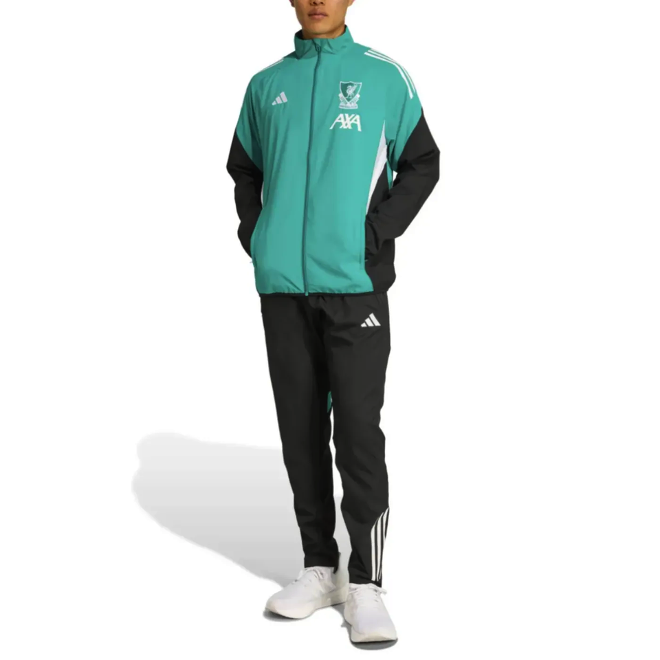 Liverpool Champions League tracksuit in teal and black, featuring the AXA logo and sleek design.