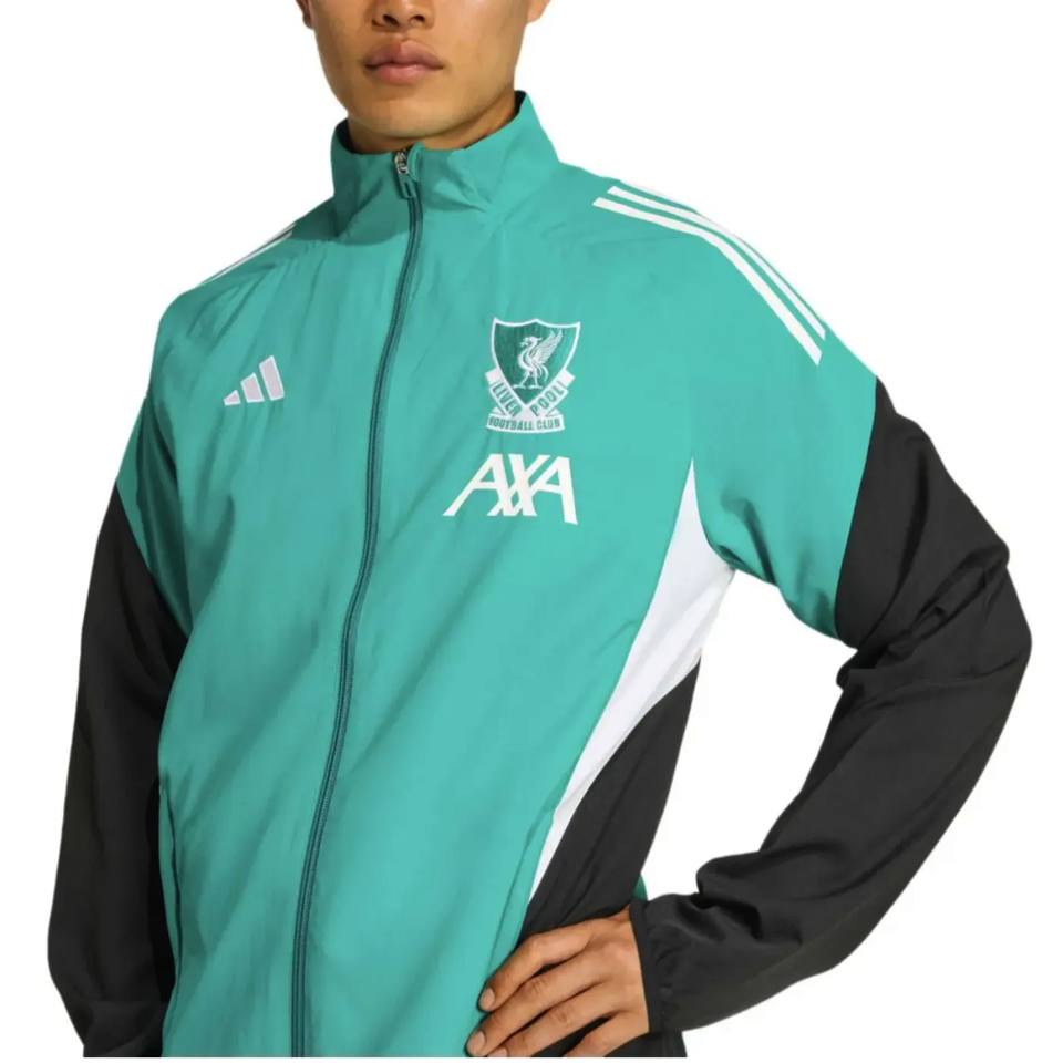 Liverpool Champions League tracksuit with zip-up jacket in teal and black featuring team logo
