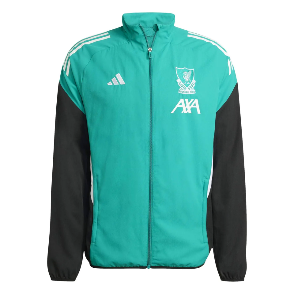 Liverpool Champions League tracksuit in teal with black sleeves and AXA logo. Shop on SoccerTracksuits.com