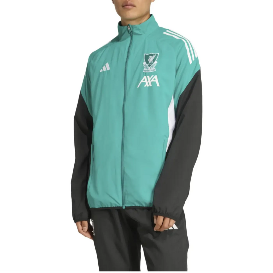 Liverpool Champions League tracksuit in teal and black with Adidas logo and AXA sponsor branding