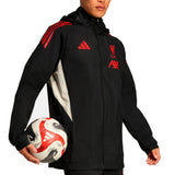 Liverpool FC black rain jacket 2025 full zip hooded jacket with red accents Liverpool crest and soccer ball