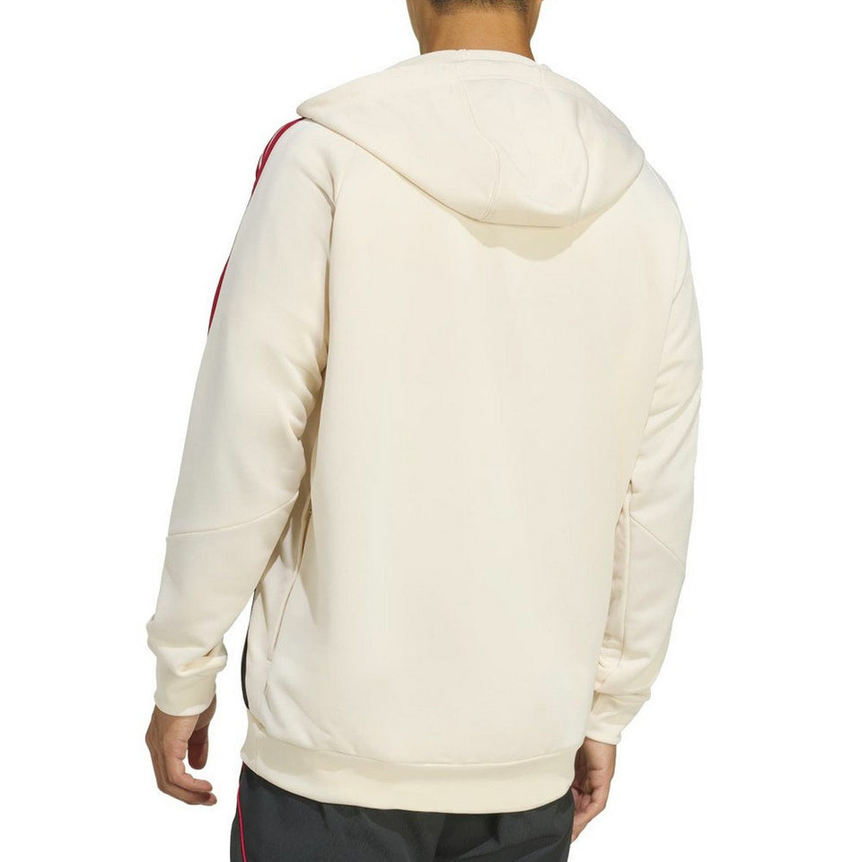 Back view of Liverpool FC hooded training tracksuit in cream color with red stripes on sleeves
