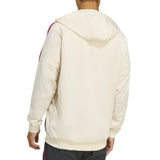 Back view of Liverpool FC hooded training tracksuit in cream color with red stripes on sleeves