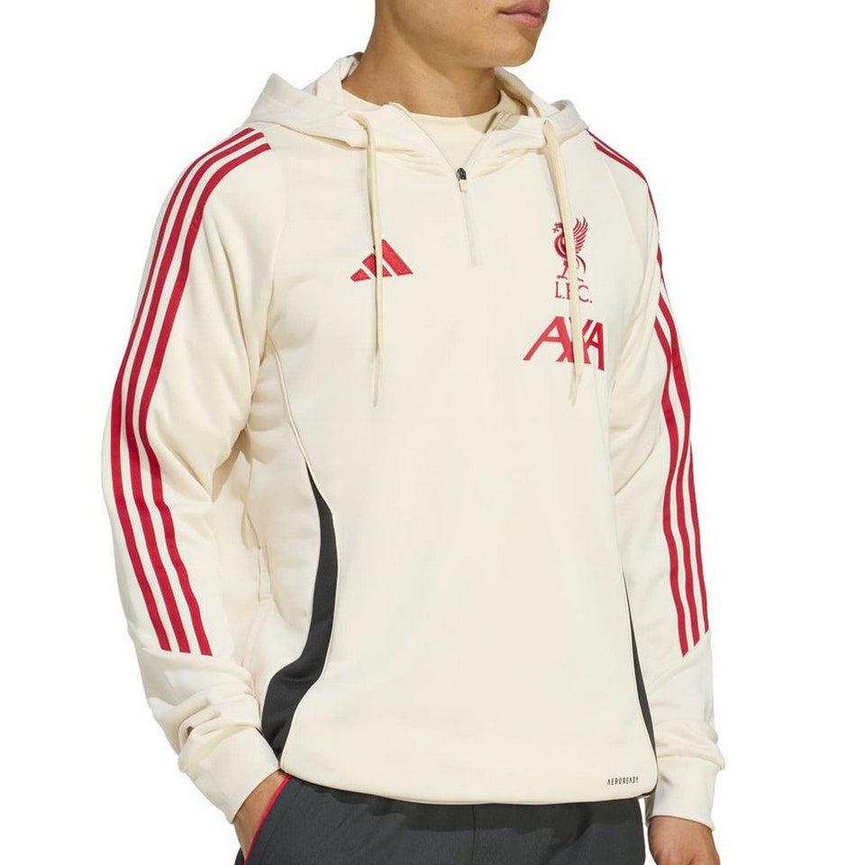Liverpool FC hooded training tracksuit top in cream with red stripes and black accents