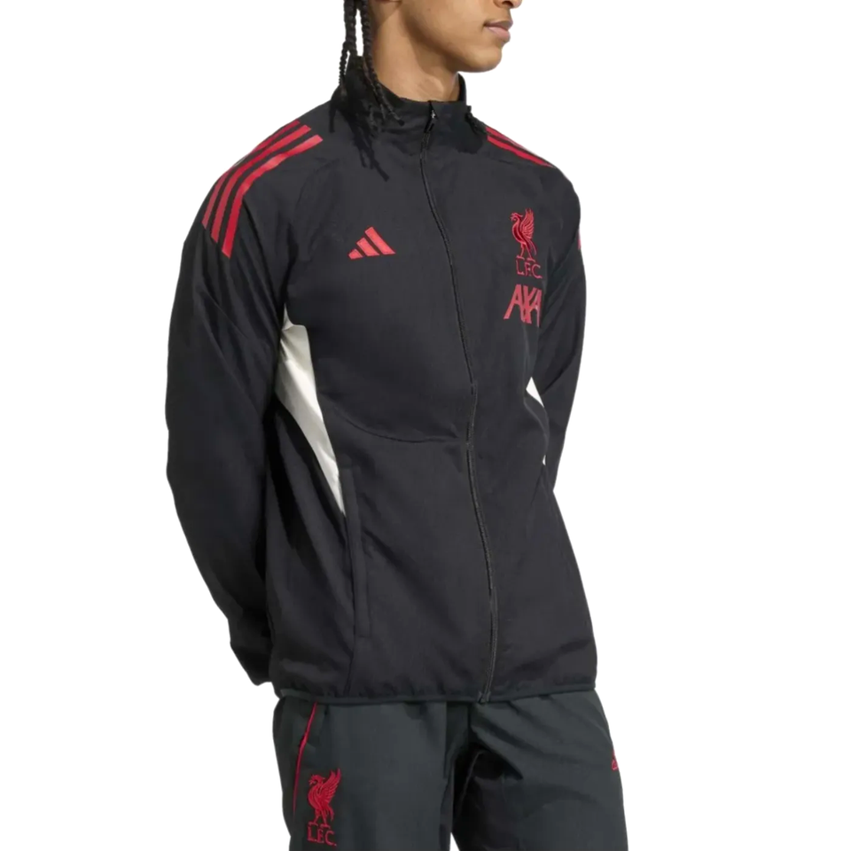 Adidas Liverpool presentation tracksuit 2025 featuring a zip-up jacket and matching pants in black and red