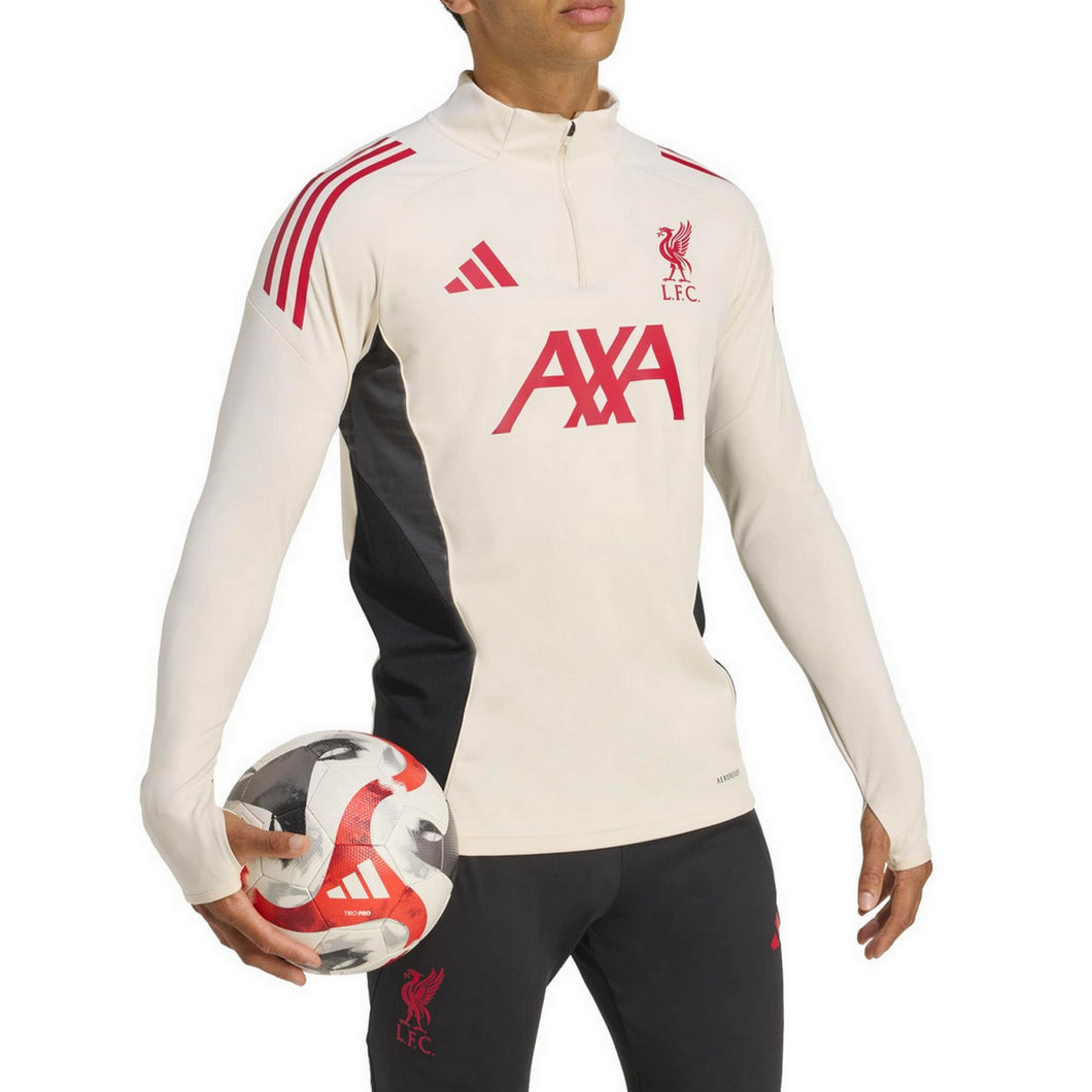 Adidas Liverpool training soccer tracksuit with white top featuring red logos and black pants holding a soccer ball