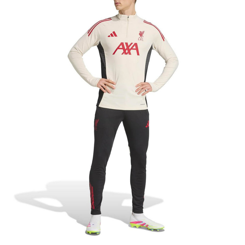 Adidas Liverpool training soccer tracksuit with white top and black pants featuring red logos