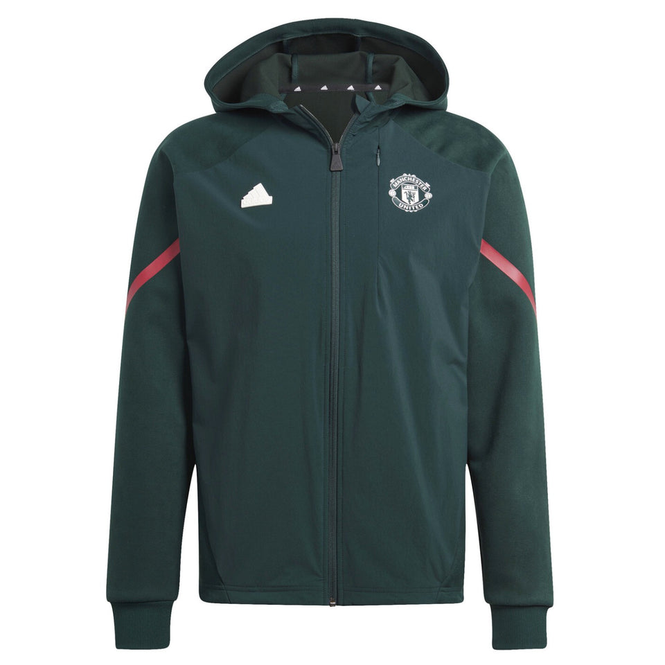 Adidas Man United pre-match suit in green with team logo and zip-up hoodie design