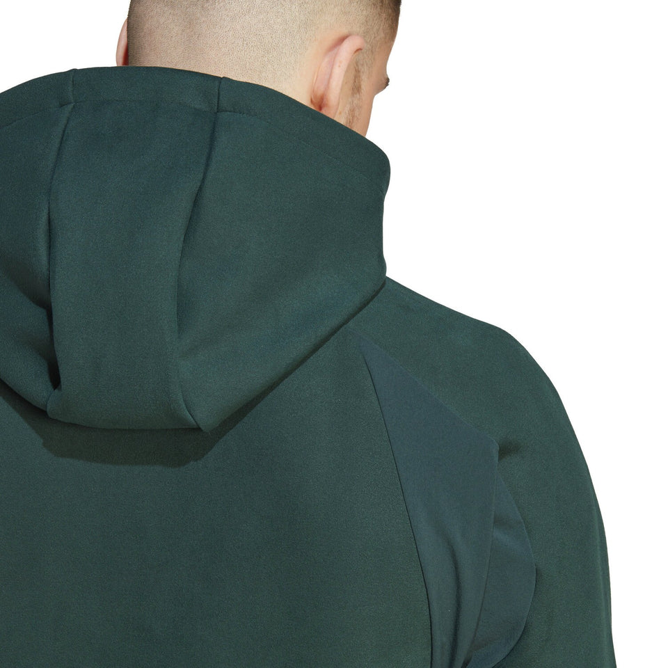 Back view of Adidas Man United pre-match suit featuring a stylish hood and a sleek design.