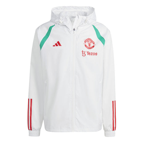 Adidas Manchester United 2023 24 rain jacket in white with red and green accents for soccer fans