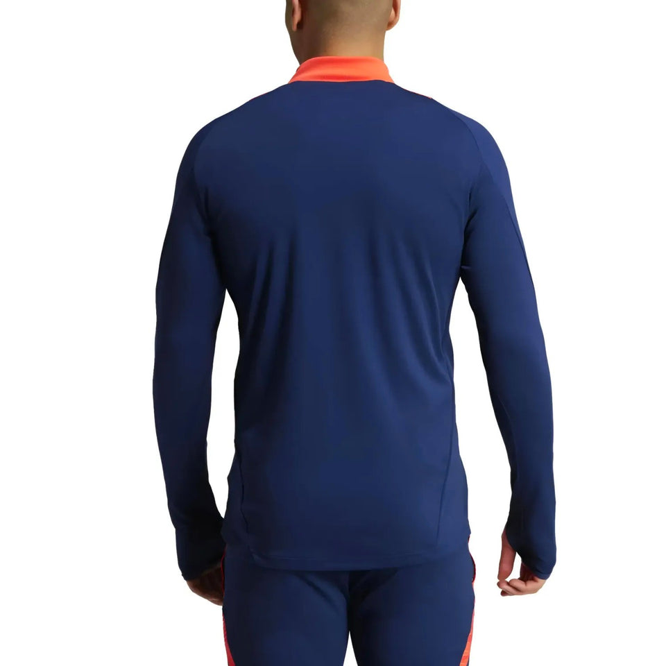 Back view of navy blue Manchester United 2024 training tracksuit with orange collar by Adidas