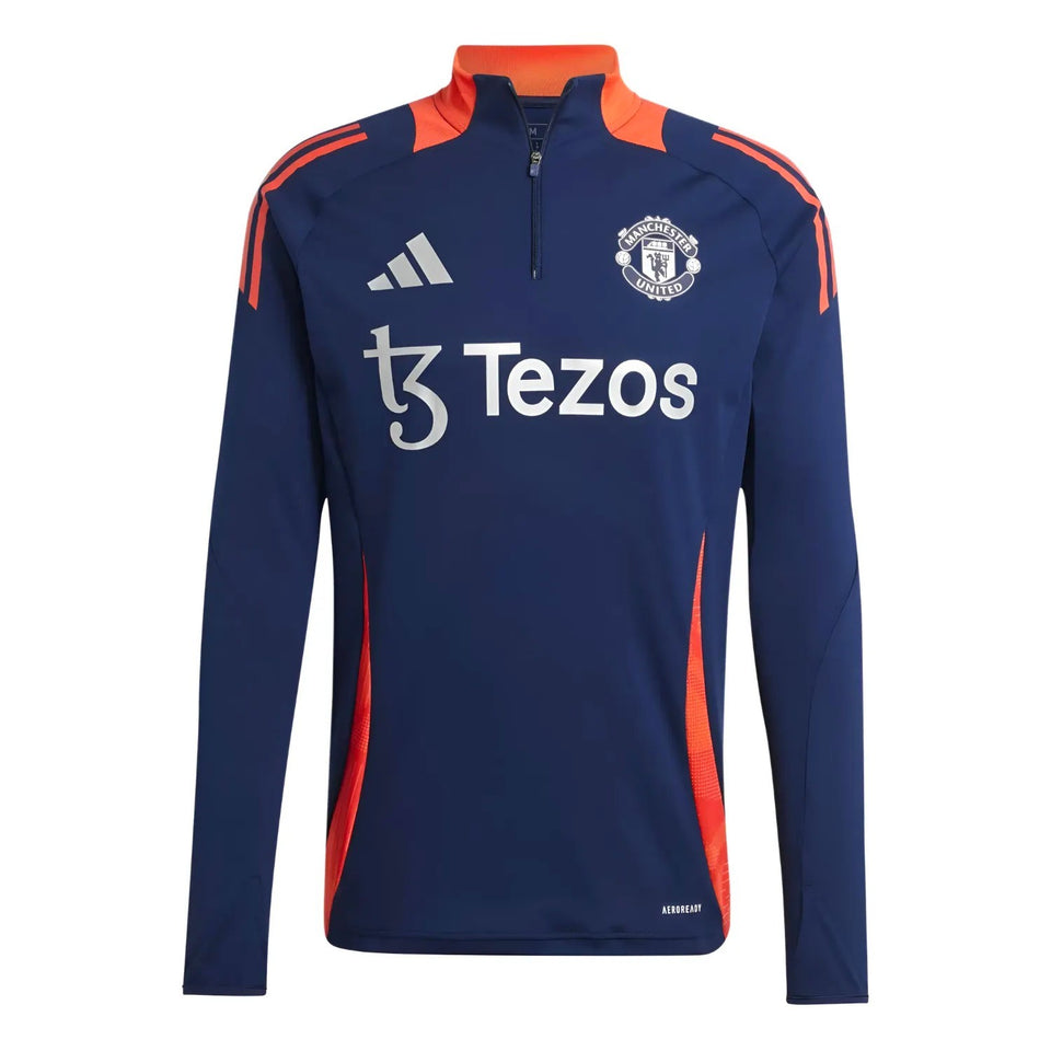 Manchester United 2024 training tracksuit top in navy blue with red accents and sponsor logos