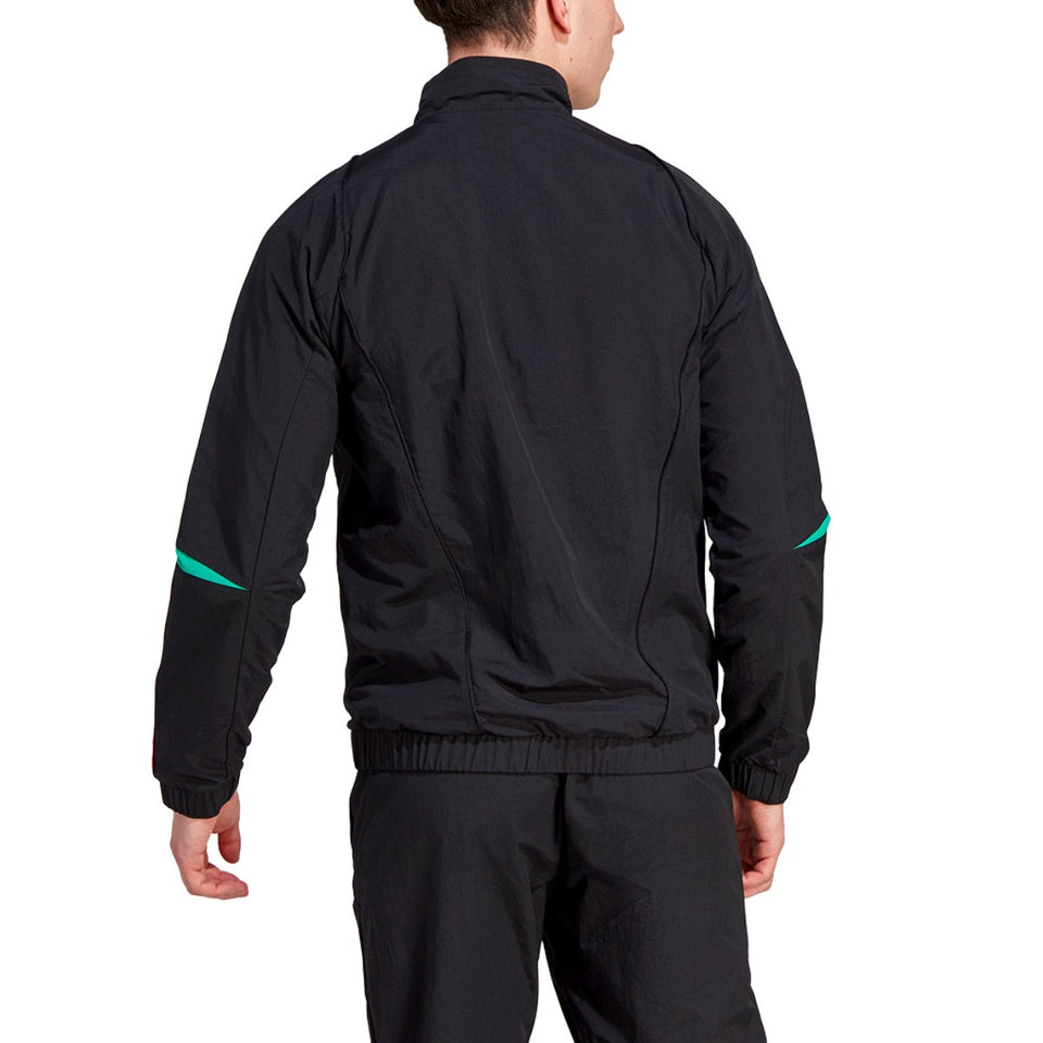 Back view of Adidas Manchester United presentation tracksuit 2023 24 in black with green accents