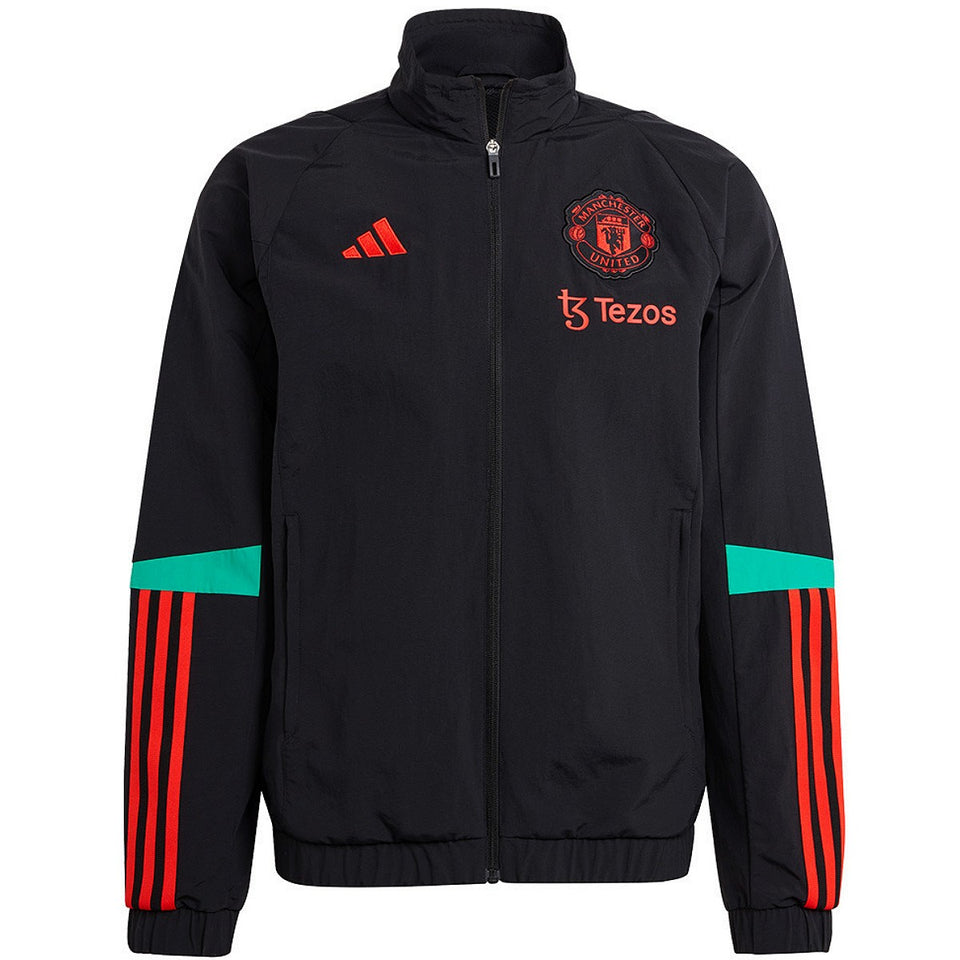 Adidas Manchester United presentation tracksuit 2023 24 featuring sleek black design and vibrant accents
