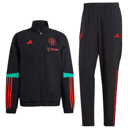 Adidas Manchester United presentation tracksuit 2023 24 featuring a black jacket and matching pants with vibrant details