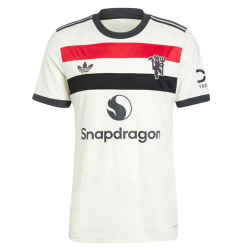 Manchester United third jersey 2024 25 in white with red and black stripes and Snapdragon sponsor logo