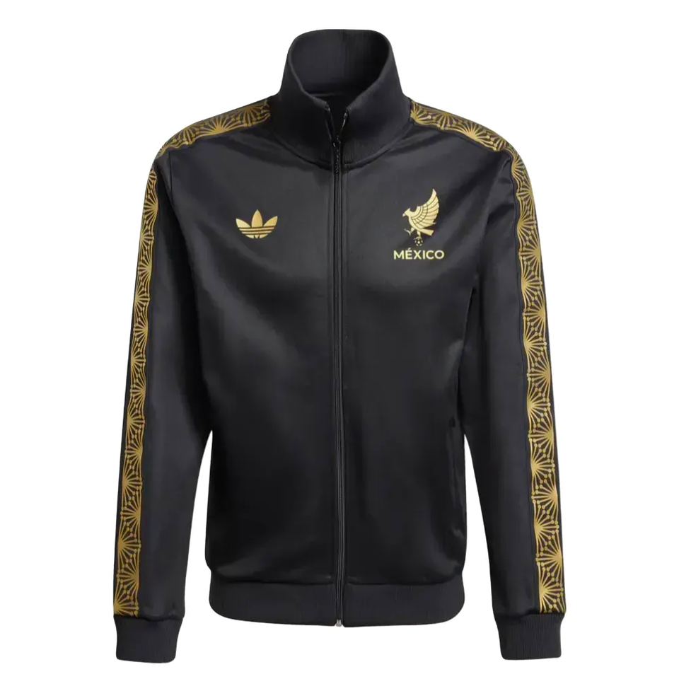 Mexico Gold Cup Adidas tracksuit 2025 black zip jacket with gold Mexico crest and patterned sleeve stripes