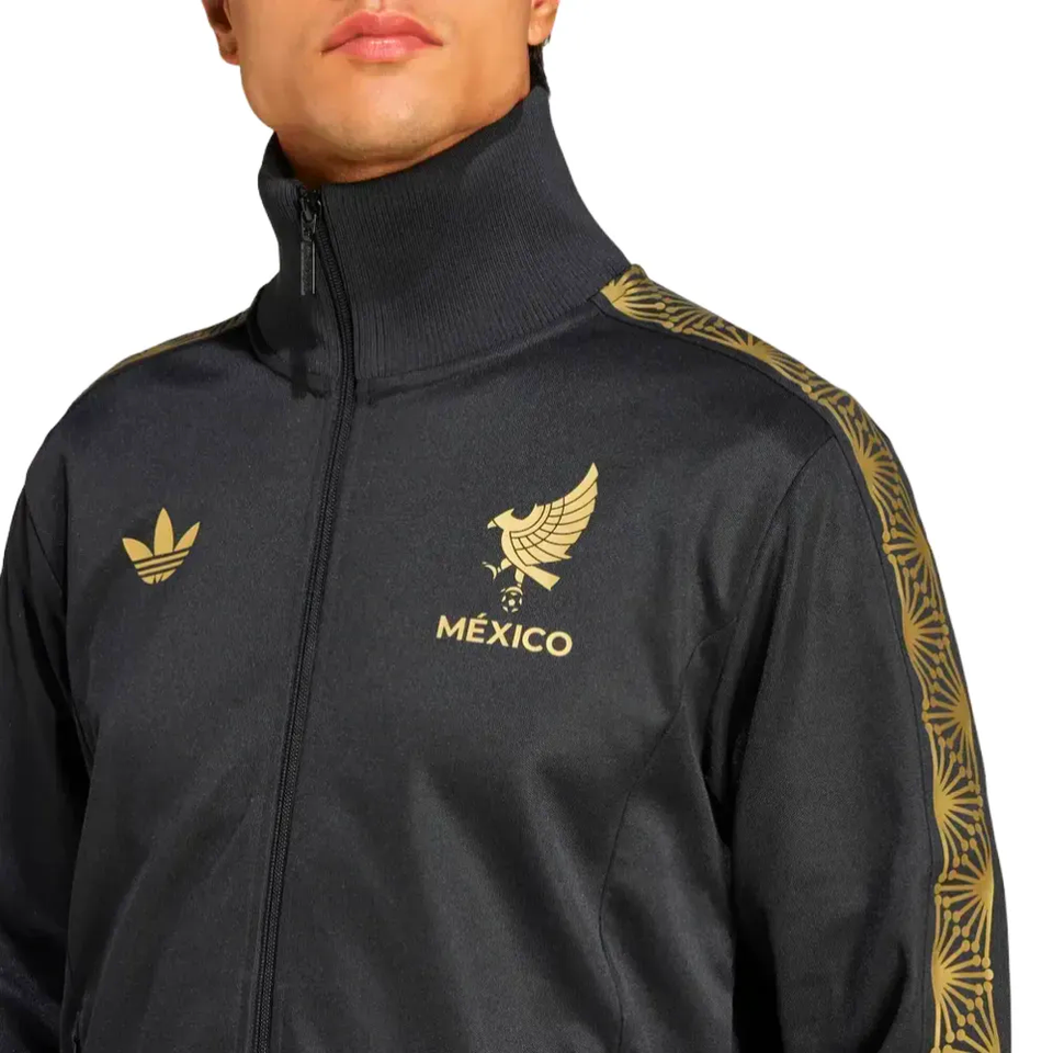 Black and gold Mexico Gold Cup Adidas tracksuit 2025 with high collar zip and embroidered eagle Mexico logo
