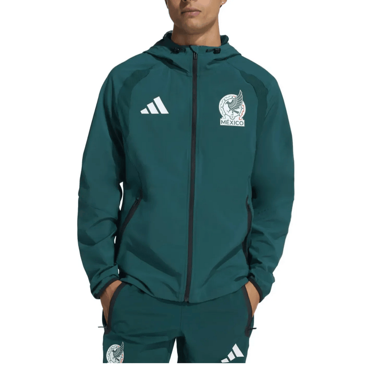 Mexico Casual Travel hooded presentation soccer tracksuit 2026/27 in green by Soccer Tracksuits with official logo and zip pockets