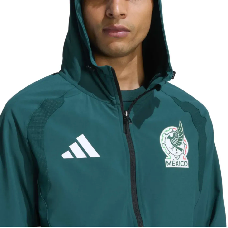 Adidas Mexico hooded tracksuit 2026 featuring breathable fabric and official team logo