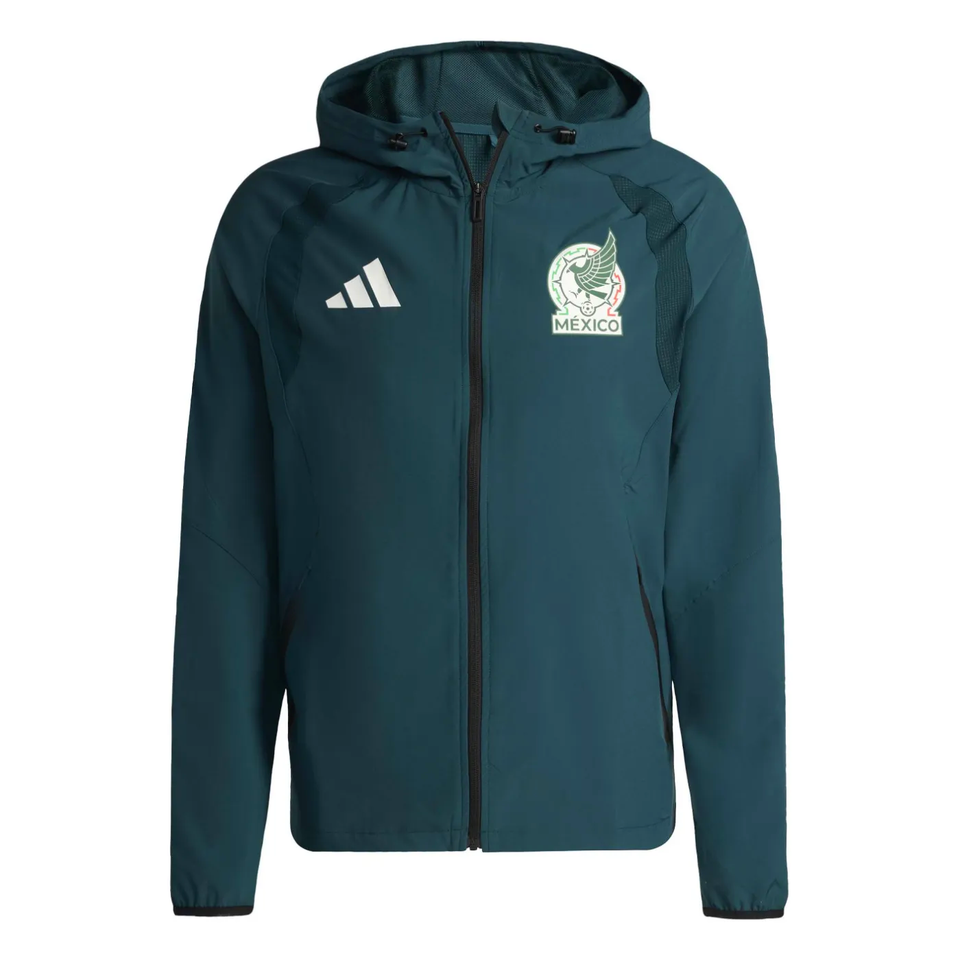Adidas Mexico hooded tracksuit 2026 in green with a logo and zippered pockets for comfort