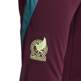 Close-up of maroon Mexico national team tracksuit mens pants with logo and teal side detail