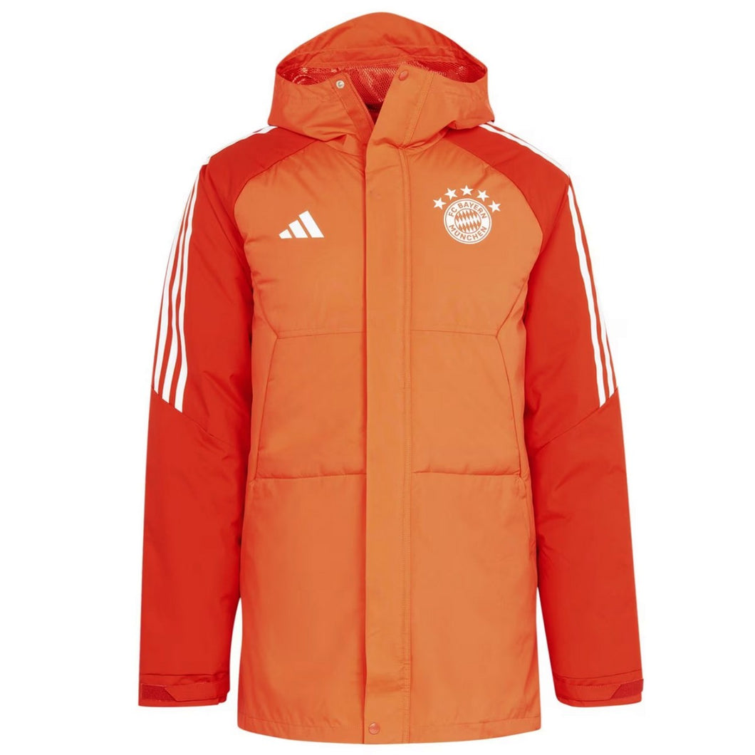 Official Bayern Munich Adidas parka in red with white stripes and team logo on the chest